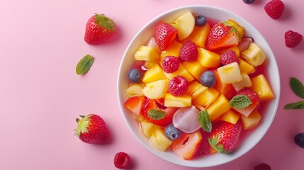 Wall Mural -  A white bowl, brimming with fruit, rests atop a pink table Strawberries and raspberries nestle nearby