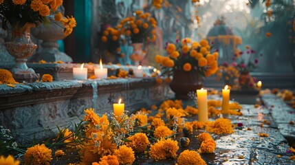 Poster -  A table filled with yellow flowers and candles in a room abundant with blooms on the floor