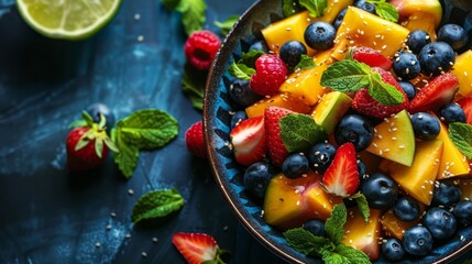 Wall Mural - strawberries, blueberries, raspberries, and limes arranged enticingly