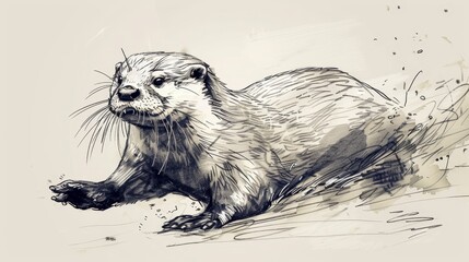 Wall Mural -  A black-and-white drawing of an otter on the ground, gazing to its left with a paw touching the earth