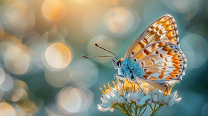 Wall Mural -  A close-up of a butterfly on a flower with a bubbling bubble of light in the background and a softly blurred backdrop