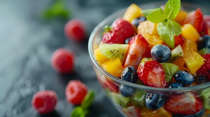Wall Mural -  A tight shot of a full bowl of assorted fruits, topped with a delicate mint leaf Background features luscious berries