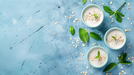 Vegan oat milk in cups on blue concrete background non dairy drink concept