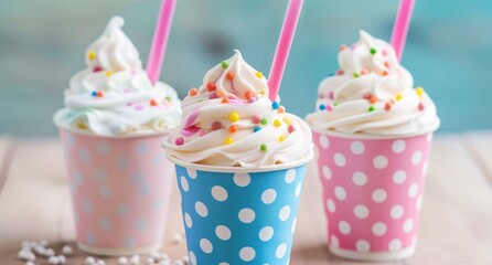 Wall Mural - Colorful and festive ice cream sundaes with whipped cream and sprinkles