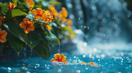 Wall Mural -  A tight shot of an array of flowers by water's edge, backed by a waterfall and speckled with water droplets on the ground