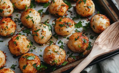 Wall Mural - Crispy Fried Scallops With Parsley on a Baking Sheet