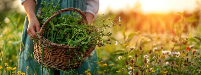 Wall Mural - a woman collects medicinal flowers in a basket. Selective focus