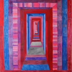 Canvas Print -   A painting depicts a hallway adorned with red, purple, and blue stripes At its conclusion lies a source of illumination