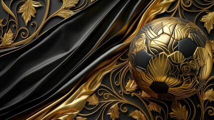 Gold and black soccer ball with ornate floral pattern and black drapery.
