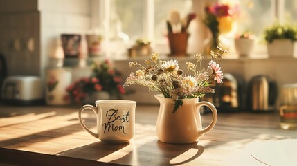 White mug with 'Best Mom' text and floral design on a kitchen table with a vase of flowers.