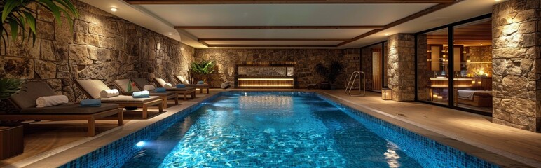 Indoor Swimming Pool With Lounge Chairs And Stone Walls