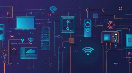 Poster - An abstract illustration depicting various network devices, such as routers, modems, and smart home gadgets, interconnected by lines symbolizing data flow. Generative AI