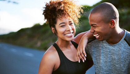 Poster - Happy, black couple and portrait with fitness partner in nature for exercise, outdoor training or workout together. African man and woman with smile for running, cardio or marathon on mountain road