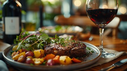 Wall Mural - A dish with a glass of red wine, including steak, roasted vegetables and a salad with a side dish, served on an elegant dining table.