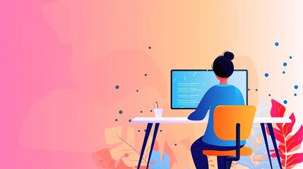 back view of a woman coding on her computer.
