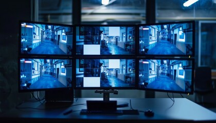 Poster - Six Security Monitors Displaying Corridor Footage in a Security Room