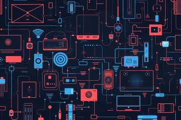 Poster - Illustration showing the connection of home devices like routers, modems, and smart gadgets with abstract lines indicating data flow. Generative AI