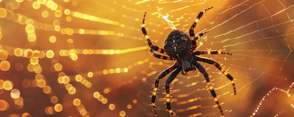 Spider on a web with dewdrops at sunrise, close-up view. Nature and wildlife concept