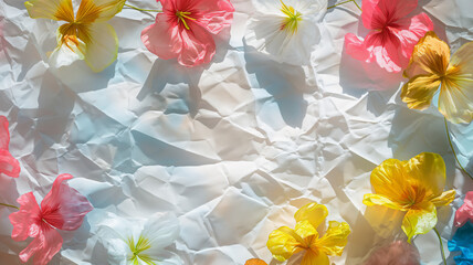 Wall Mural - Crumpled colorful flowers in pink, yellow, and white, scattered on a white crumpled background.