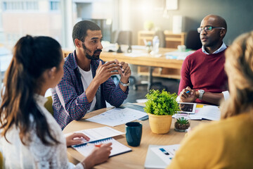 Leinwandbilder - Man, business people and startup with paperwork in discussion, meeting and planning in modern office. Teamwork, documents and diversity with conversation, problem solving and group at creative agency