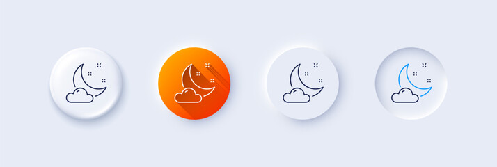 Poster - Night weather line icon. Neumorphic, Orange gradient, 3d pin buttons. Moon with cloud sign. Sleep symbol. Line icons. Neumorphic buttons with outline signs. Vector