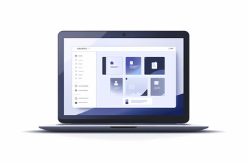 illustration of open laptop showing icons interface on the screen, with red gradient background. fre