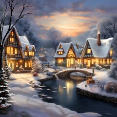 Wall Mural - Winter landscape with houses and river at sunset, 3d illustration.