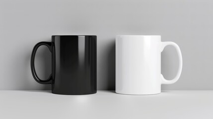 Two classic black and white coffee mugs sitting side by side, perfect for coffee lovers or coffee-themed designs, isolated on grey background