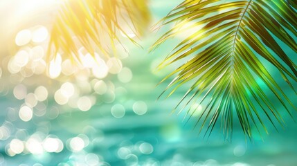 Tropical beach scene with green palm leaf and sunlight bokeh wave abstract background