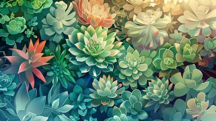 A colorful floral pattern with succulents and tropical plants, ideal for summer themed designs and prints.