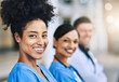 © peopleimages.com - Nurses, portrait and confident in hospital, service and support or collaboration for medicine. Doctor, teamwork and proud of healthcare treatment, insurance and together for solidarity in clinic