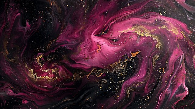 Abstract colorful painting background with gold glitter and swirling colors of maroon, black, and pink. Ideal for art, luxury, and fluid art concepts.