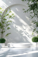 Wall Mural - A white podium with plants in front of a white wall