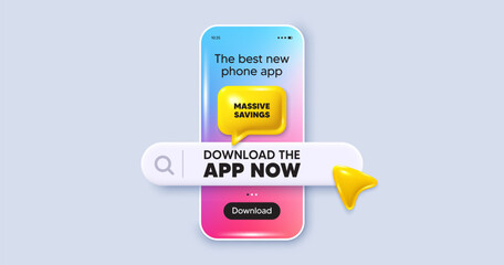 Wall Mural - Massive savings tag. Phone mockup screen. Download the app now. Special offer price sign. Advertising discounts symbol. Phone download app search bar. Massive savings text message. Vector