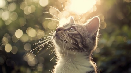 Wall Mural - a cat looking up at the sky with a blurry background of trees