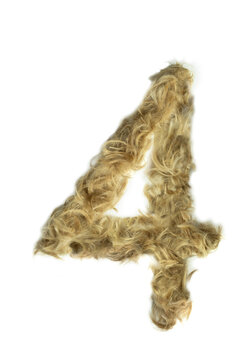 Creative typography made with real dog hair. Blonde hair on white background Dogs, cats, pets, monsters and other furry animals. Complete alphabet. Number 4