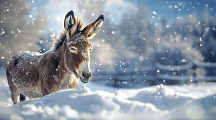 a donkey in a snowy landscape cold weather winter wonderland on a background