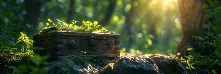 Wall Mural - A wooden box is sitting on a rock in a forest. The box is covered in moss and surrounded by green plants. The scene is peaceful and serene, with the sunlight shining through the trees