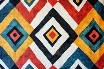 Poster - a colorful rug with a diamond design on it, bold, geometric pattern mimicking aztec designs