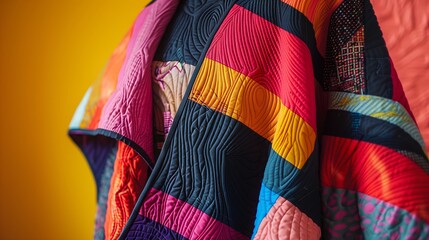 Poster - A contemporary quilter skillfully blends tradition with modern design using bold colors in a vibrant apartment.