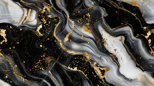 Abstract Golden Waves on White Black Watercolor Marbled Distorted Textured Background