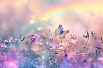 Aufkleber - a rainbow is in the sky over a field of flowers, dreamy flower field with butterflies under a soft, pastel rainbow