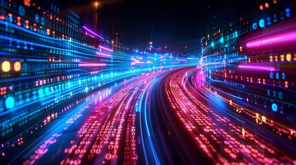 City road at night. Speed and light movement, futuristic technology. Blue motion blur, dynamic highway traffic. Modern urban transportation, fast paced future. Digital network