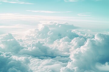 Poster - a sky with clouds and a plane, dreamy, pastel-colored cloudscape as seen from above