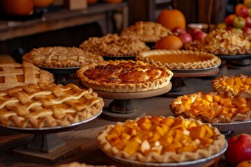 a table topped with lots of pies and pie pans, festive array of pumpkin and apple pies lining a long wooden table