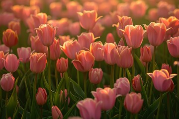 Poster - a field of pink tulips with the sun setting in the background, field brimming with fresh tulips bathed in the soft light of the early morning