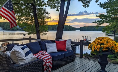 Wall Mural - A view of the deck overlooking lake with an American flag, trees and boat dock in background A navy blue wicker couch is on one side of the deck with white cushions and red pillows Generative AI