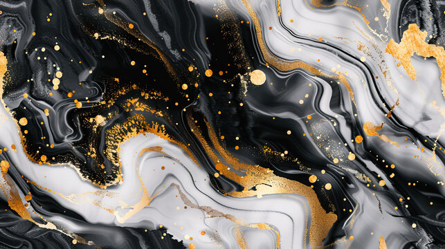Abstract Golden Waves on White Black Watercolor Marbled Distorted Textured Background