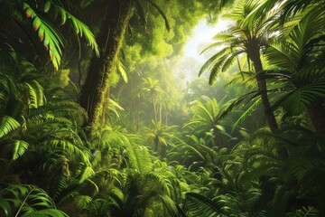 Wall Mural - a painting of a jungle with trees and plants, lush tropical rainforest with vibrant flora and towering trees