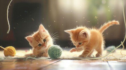 three kittens playing with a ball of yarn, Cartoon kittens playing with yarn balls